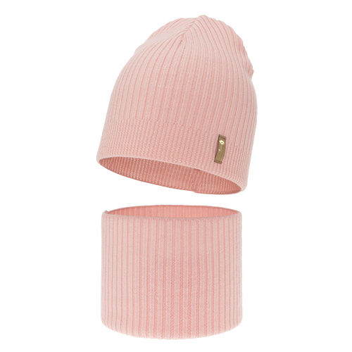 Czapka i komin dla dziewczynki jesienny, wiosenny komplet, różowy, 100% wełniany merino Chelsie