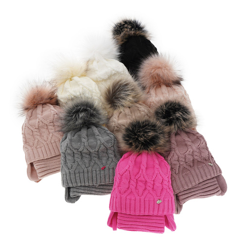 Czapka i komin dla dziewczynki zimowy komplet, kremowy, z pomponem Elena