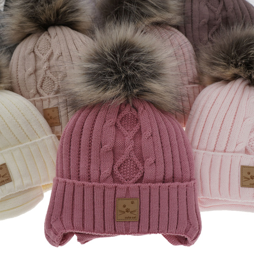 Czapka i komin dla dziewczynki zimowy komplet, różowy, z pomponem Aida