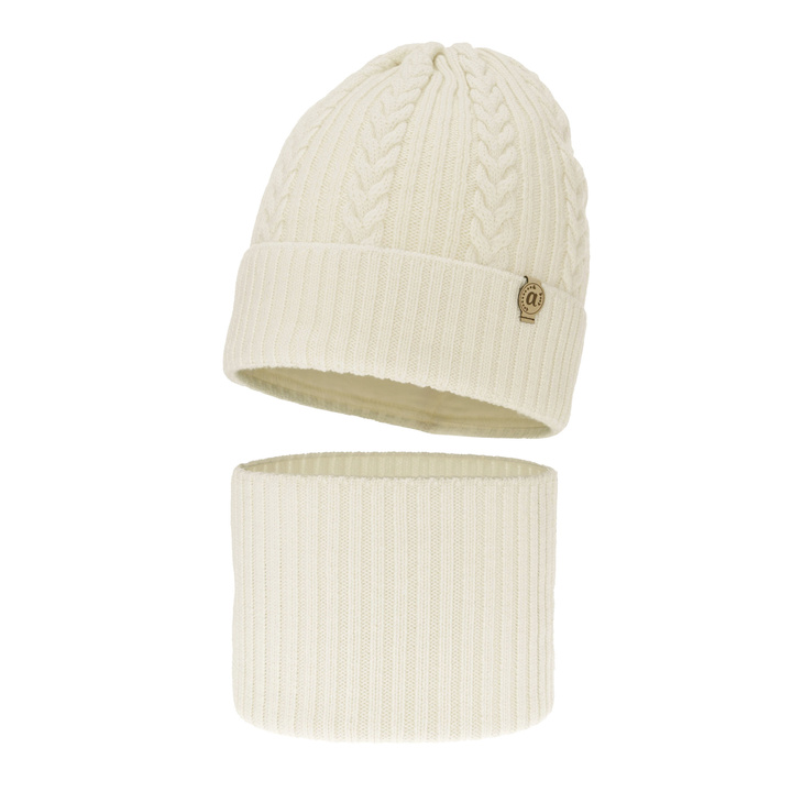 Czapka i komin dla dziewczynki zimowy komplet, kremowy, 100% wełniany merino Jenny