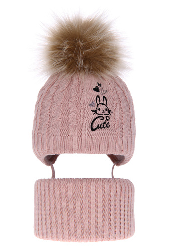 Czapka i komin dla dziewczynki zimowy komplet, różowy, z pomponem Treccia