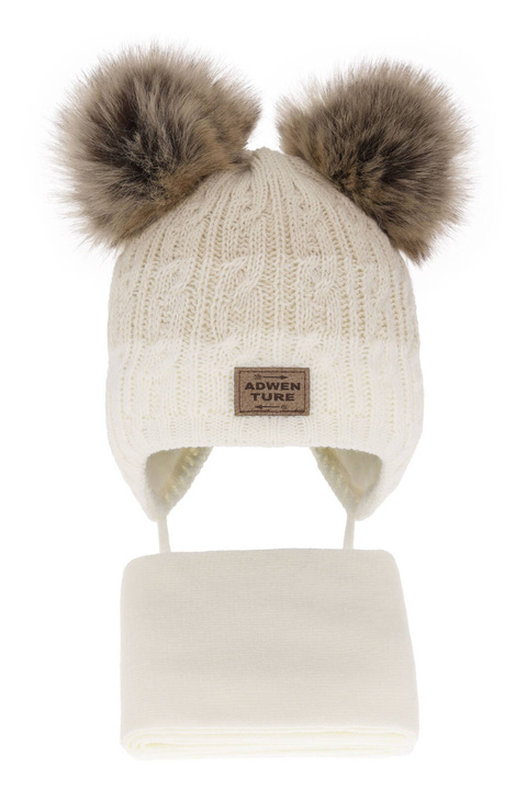 Czapka i szalik dla chłopca zimowy komplet, kremowy, z dwoma pomponami Platon