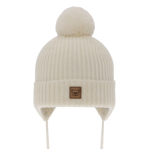 Czapka zimowa dla chłopca, kremowa, 100% wełniana merino, podszyta wełnianym polarem, wiązana Tacco