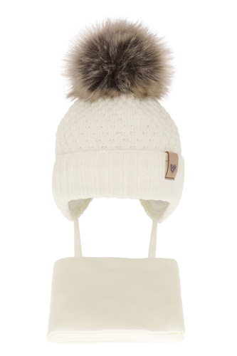 Czapka i szalik dla dziewczynki zimowy komplet, kremowy, z pomponem, wiązany Bianca