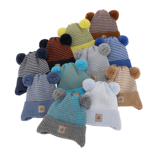 Czapka jesienna, wiosenna dla chłopca, beżowa, z dwoma pomponami, wiązana Laurent