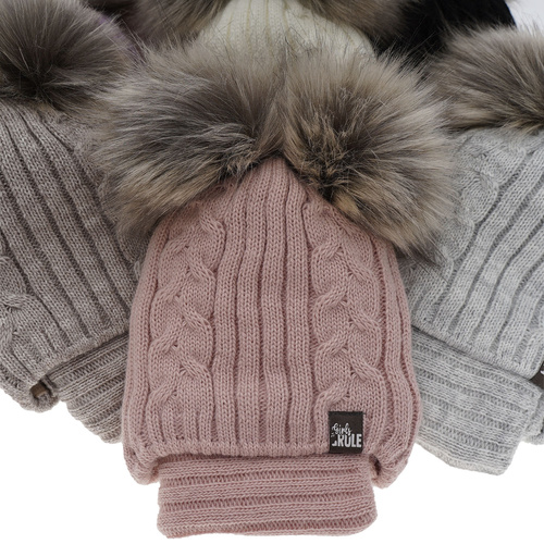 Czapka i komin dla dziewczynki zimowy komplet, różowy, z dwoma pomponami, wiązany Marlen