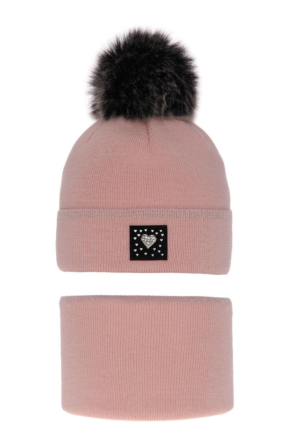 Czapka i komin dla dziewczynki zimowy komplet, różowy, z pomponem Sendi