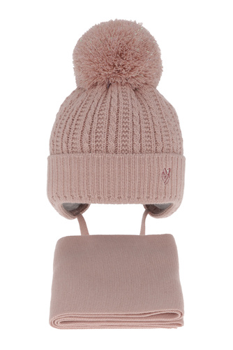 Czapka i szalik dla dziewczynki zimowy komplet, różowy, wiązany, z pomponem Marisa