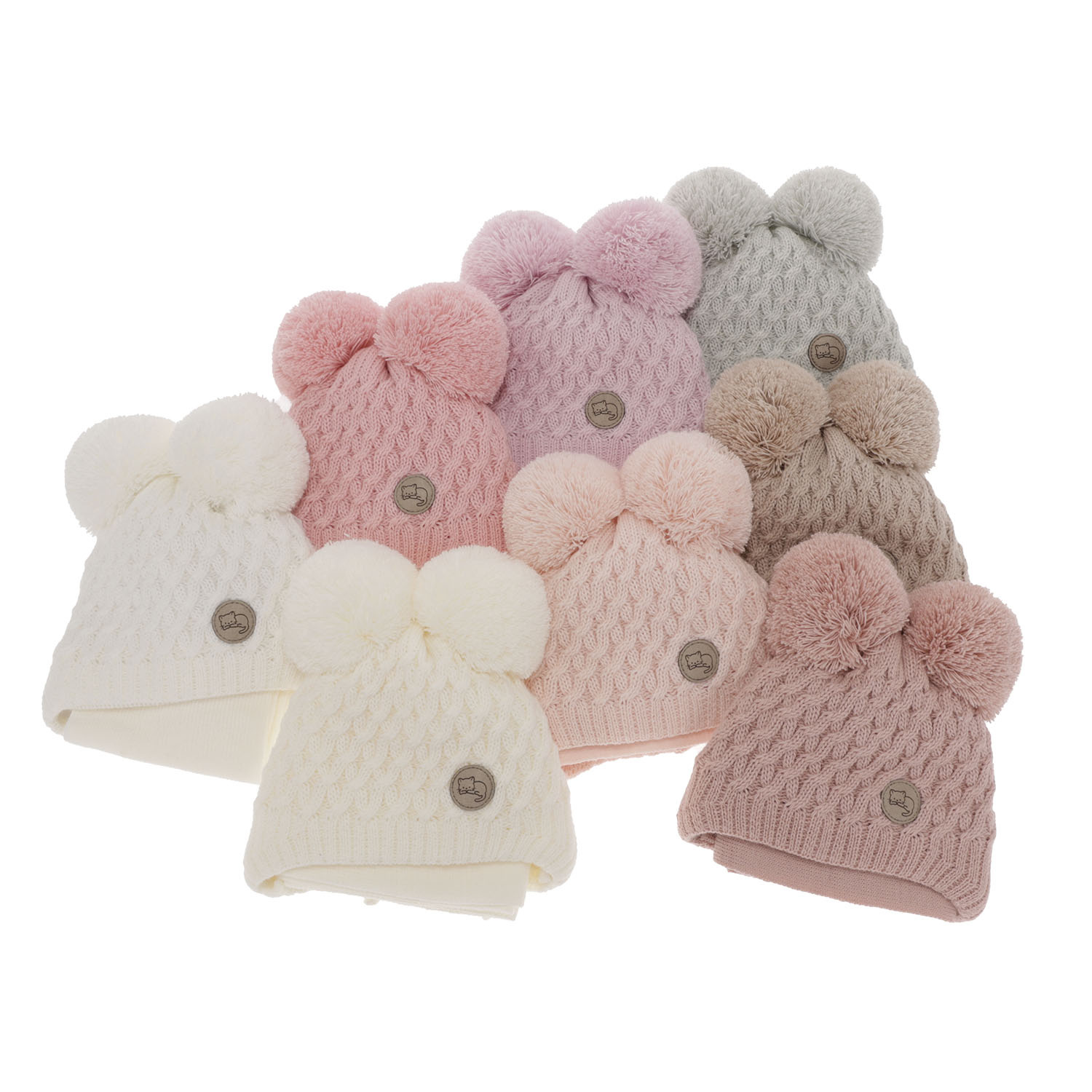 Czapka i szalik dla dziewczynki zimowy komplet, szary, z dwoma pomponami, wiązany Anava