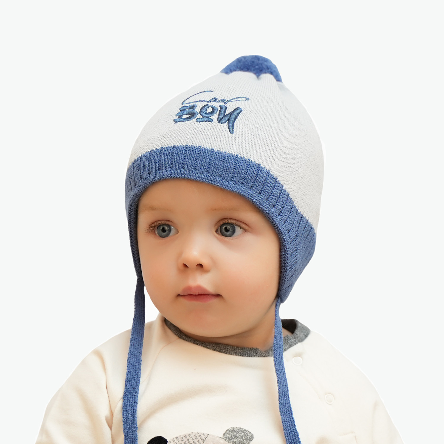 Czapka jesienna, wiosenna dla chłopca, pomarańczowa, wiązana, z pomponem Korni