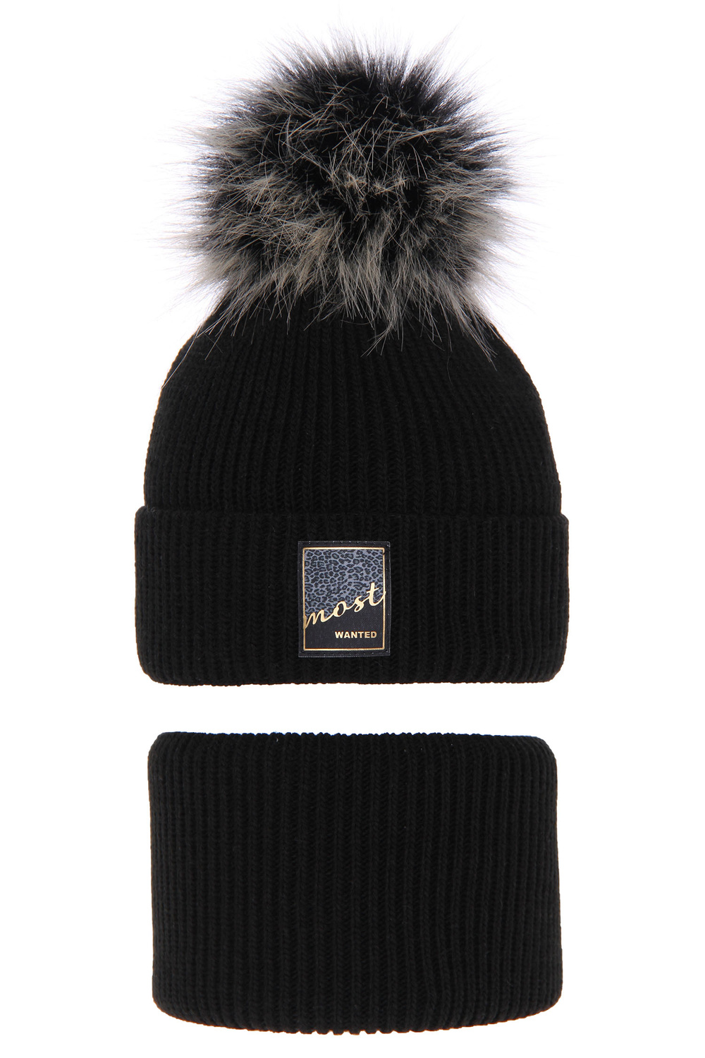 Czapka i komin dla dziewczynki zimowy komplet, czarny, z pomponem Sycylia