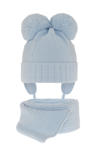 Czapka i szalik dla dziewczynki zimowy komplet, błękitny, z dwoma pomponami, wiązany Fibien