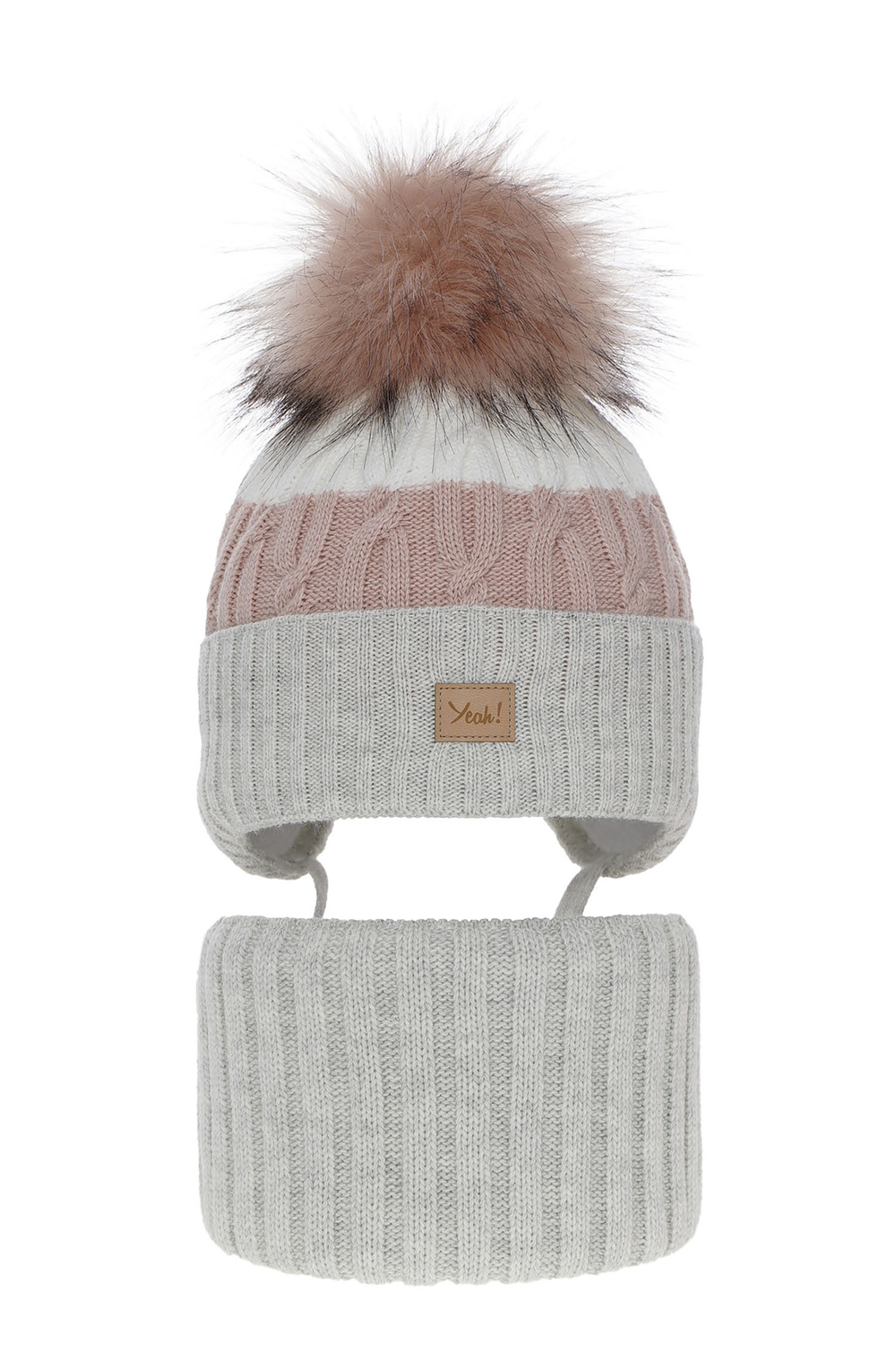 Czapka i komin dla dziewczynki zimowy komplet, szary, z pomponem Riviera