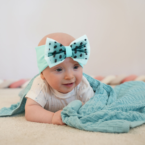 Opaska jesienna, wiosenna dla dziewczynki, miętowa, bawełniana, z kokardą Celinka