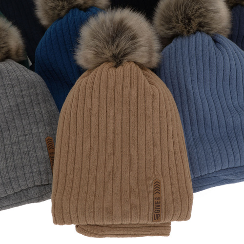 Czapka i komin dla chłopca zimowy komplet, granatowy, z pomponem Kalen