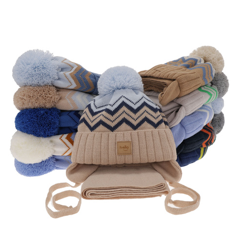 Czapka i szalik dla chłopca zimowy komplet, niebieski, z pomponem, wiązany Marcus