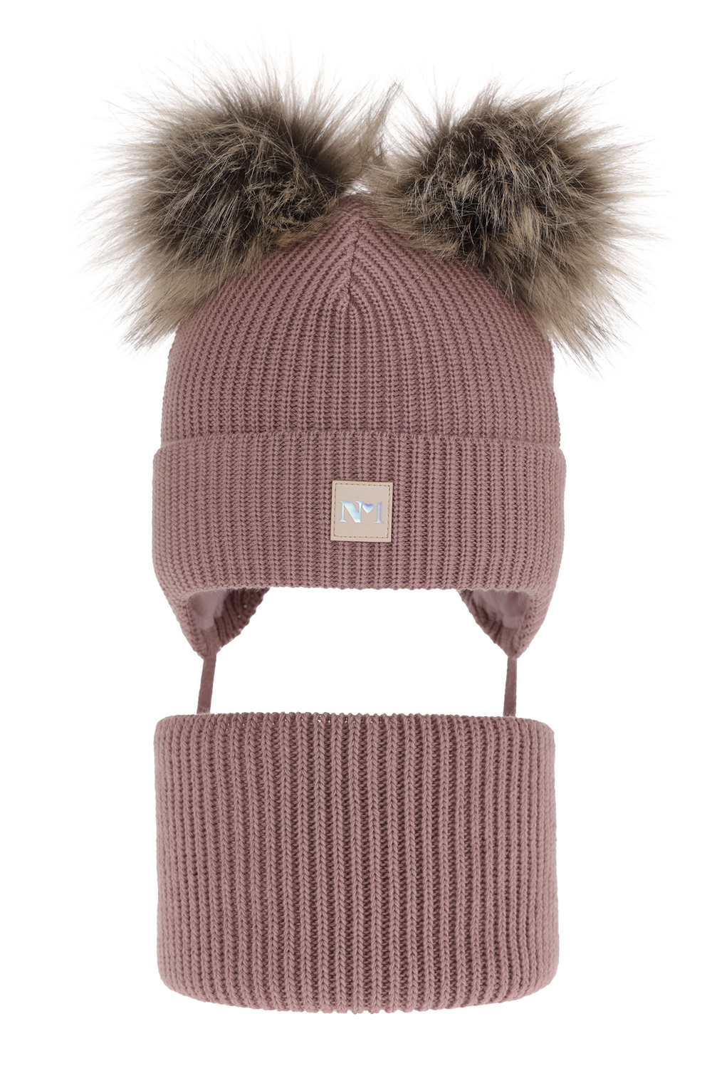 Czapka i komin dla dziewczynki zimowy komplet, wrzosowy, z dwoma pomponami, wiązany Kiara