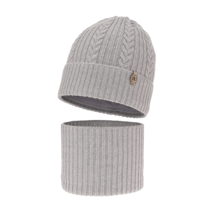 Czapka i komin dla dziewczynki zimowy komplet, szary, 100% wełniany merino Jenny