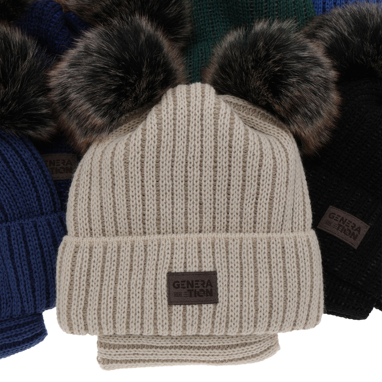 Czapka i komin dla chłopca zimowy komplet, granatowy, z dwoma pomponami Tokio