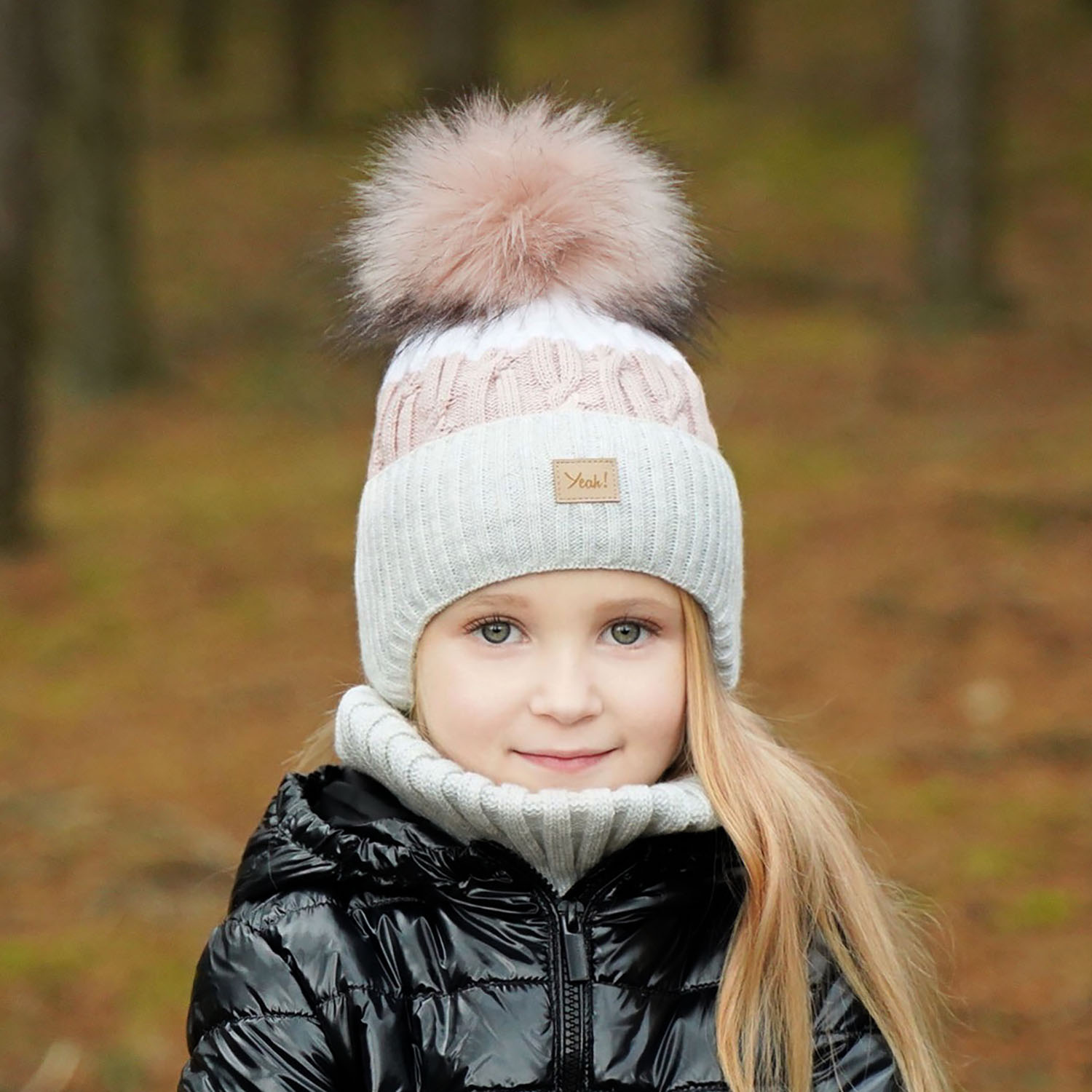 Czapka i komin dla dziewczynki zimowy komplet, różowy, z pomponem Riviera