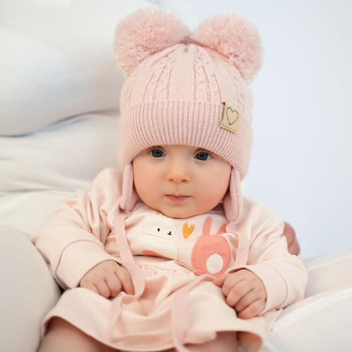 Czapka i szalik dla dziewczynki zimowy komplet, camelowy, z dwoma pomponami Rozi