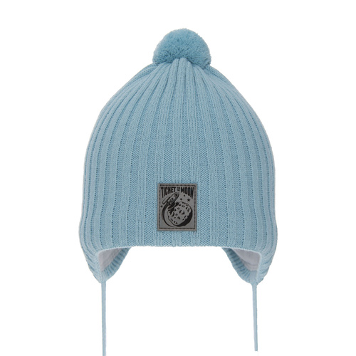 Czapka jesienna, wiosenna dla chłopca, niebieska, wiązana, z pomponem Cyspin