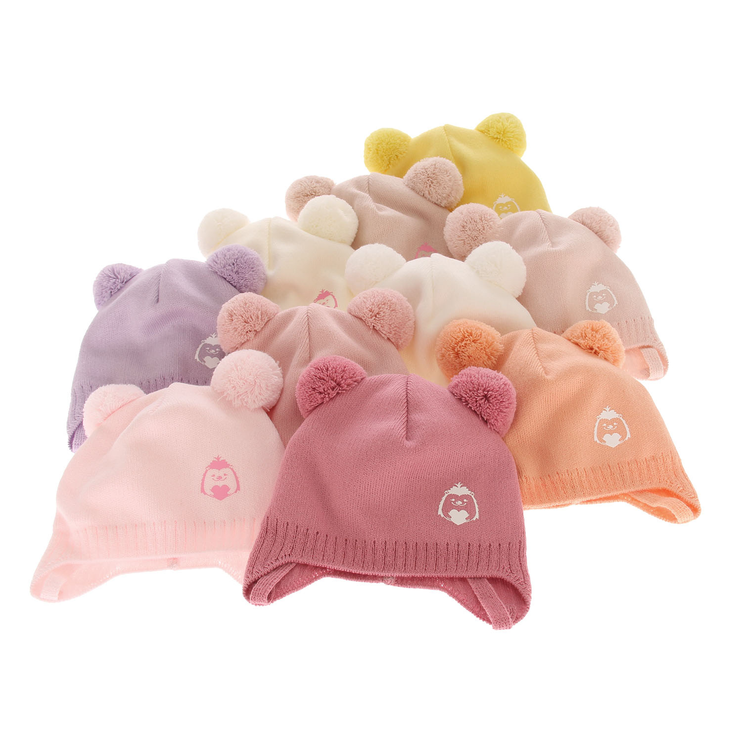 Czapka jesienna, wiosenna dla dziewczynki, żółta, z dwoma pomponami, wiązana Bunia