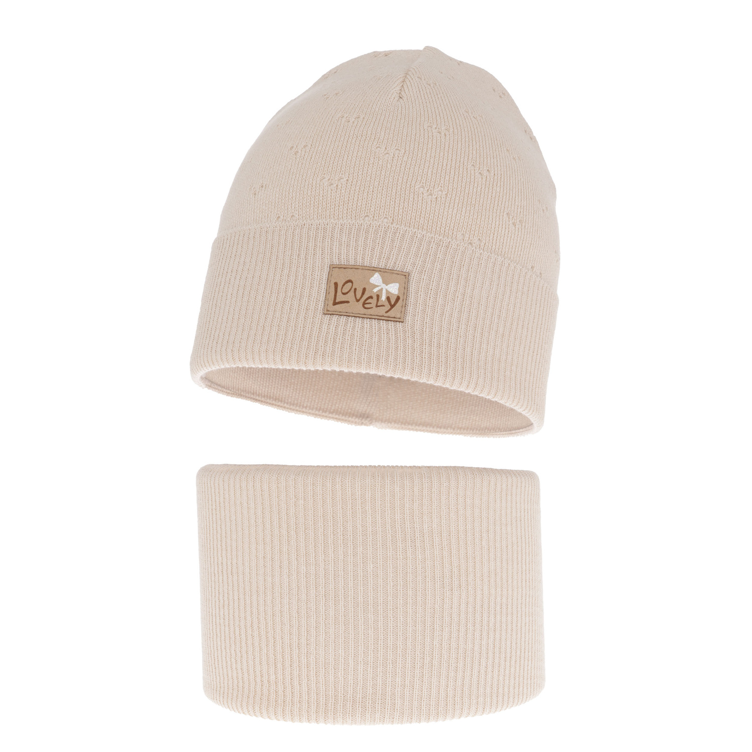 Czapka i komin dla dziewczynki jesienny, wiosenny komplet, z bawełną, beżowy Alisa