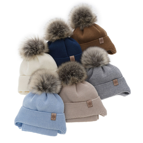 Czapka i szalik dla chłopca zimowy komplet, granatowy, z pomponem, z wełną merino, wiązany Rafael