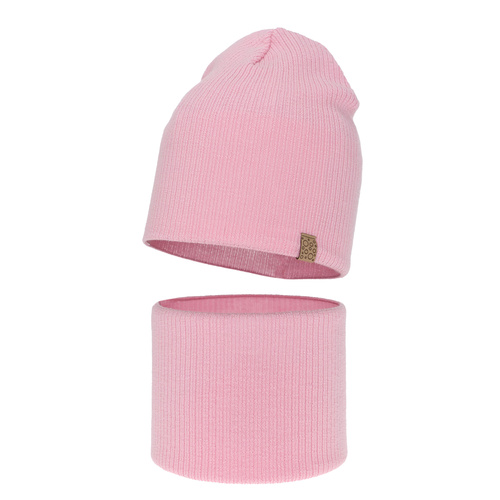 Czapka i komin dla dziewczynki jesienny, wiosenny komplet, różowy, 100% wełniana merino Ricona