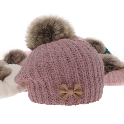Beret i komin dla dziewczynki zimowy komplet, różowy, z pomponem Polinezja