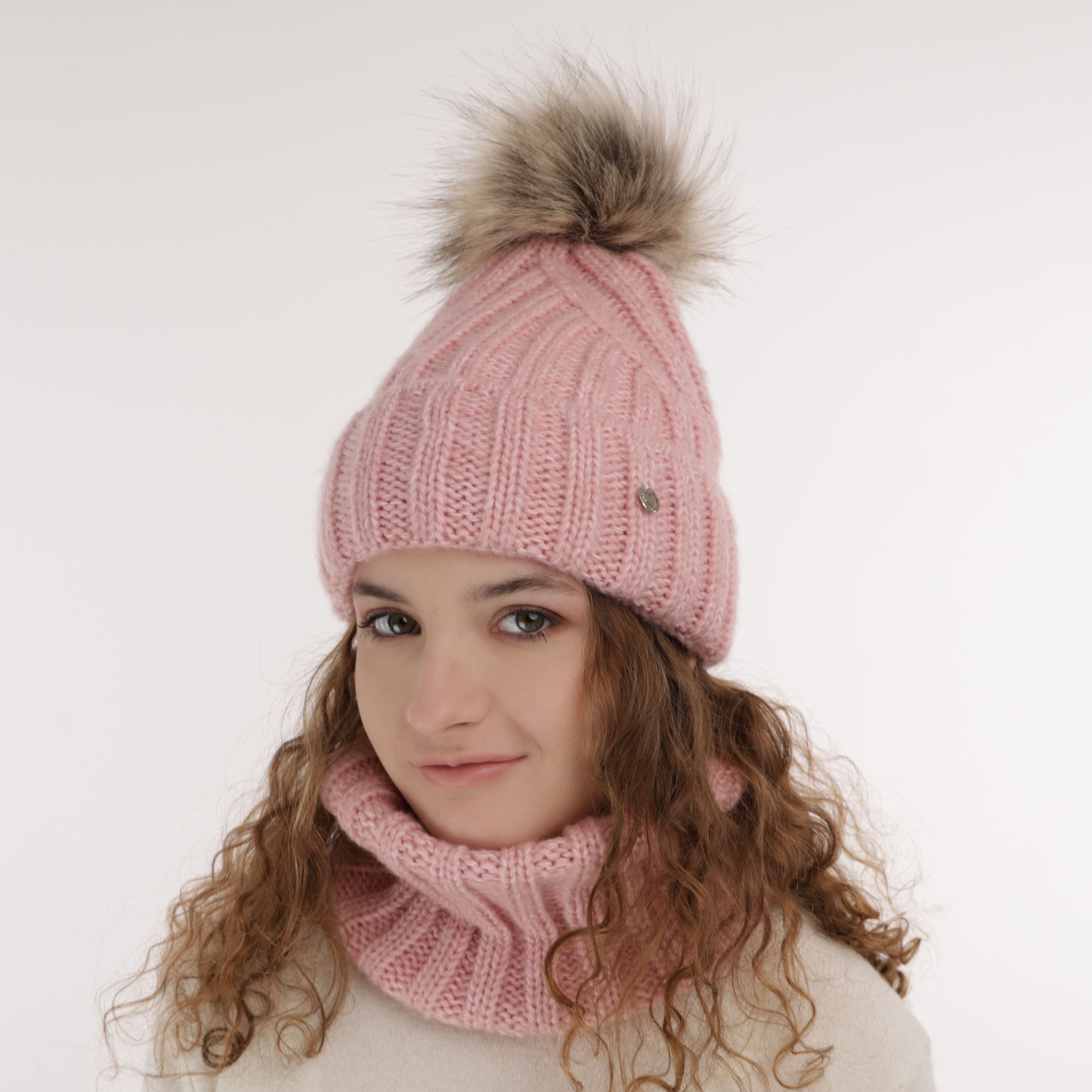 Czapka i komin dla dziewczynki zimowy komplet, kremowy, z pomponem Polaris
