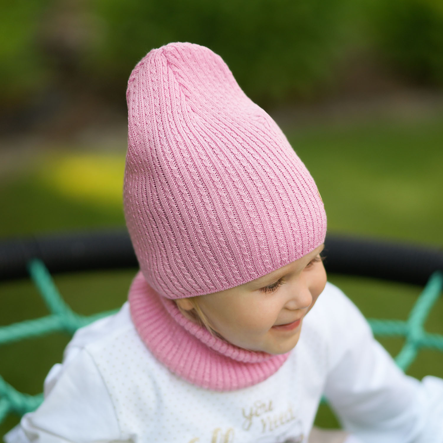 Czapka i komin dla dziewczynki jesienny, wiosenny komplet, z bawełną, różowy Wega