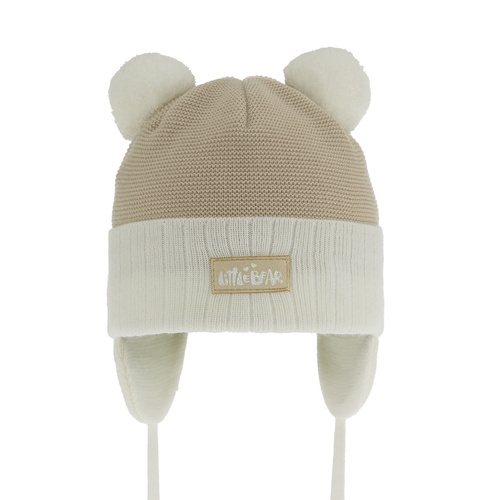 Czapka jesienna, wiosenna dla dziewczynki, kremowa, z dwoma pomponami, wiązana Karotka