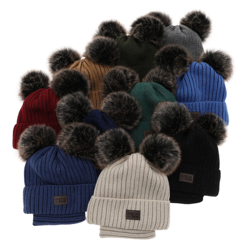 Czapka i komin dla chłopca zimowy komplet, granatowy, z dwoma pomponami Tokio