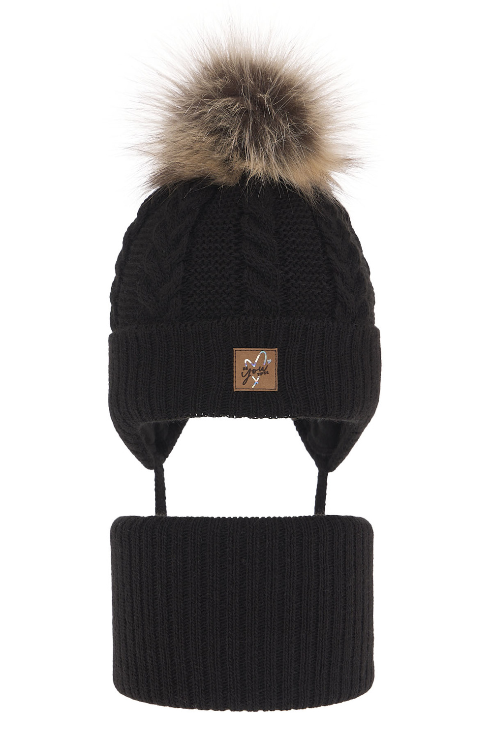 Czapka i komin dla dziewczynki zimowy komplet, czarny, z pomponem, wiązany Finess
