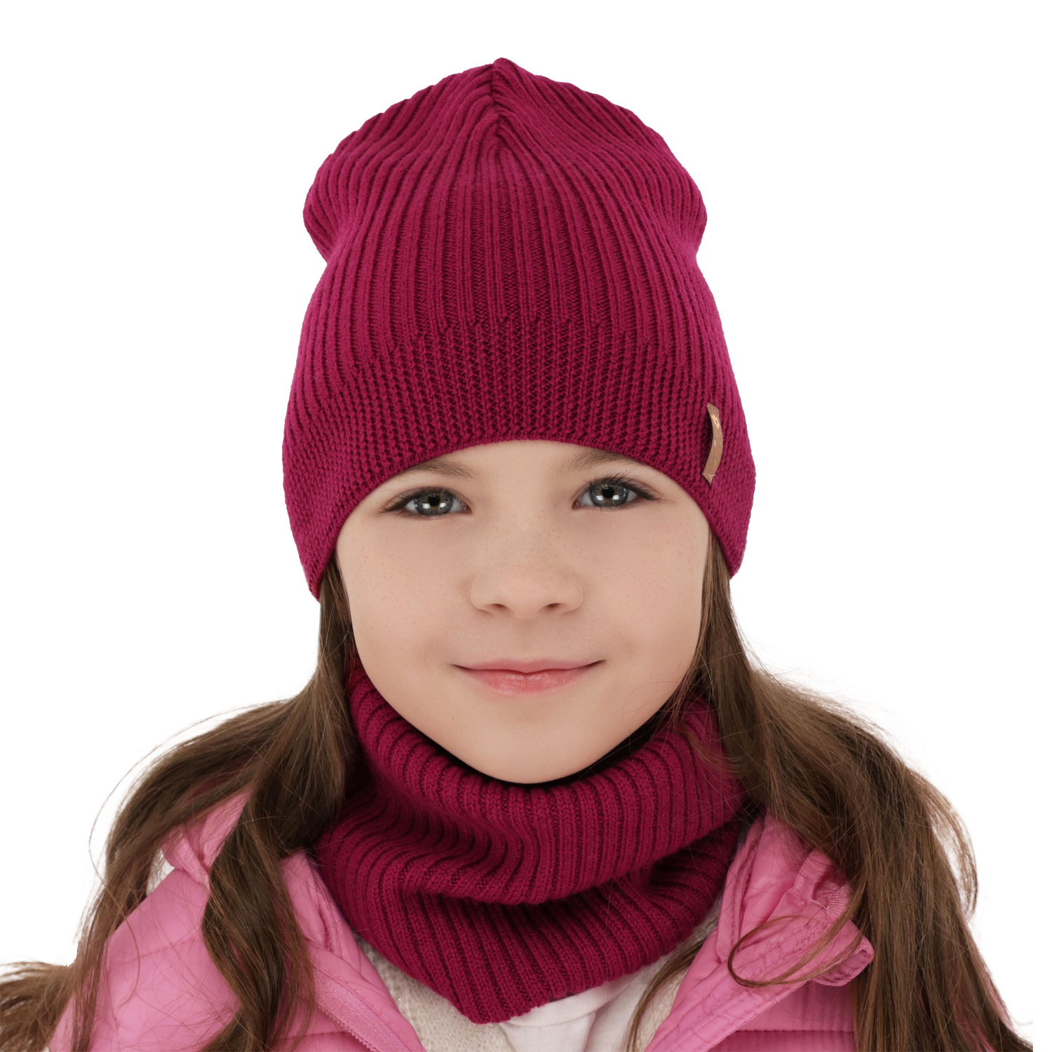 Czapka i komin dla dziewczynki jesienny, wiosenny komplet, jasnoróżowy, 100% wełniana merino Chelsie