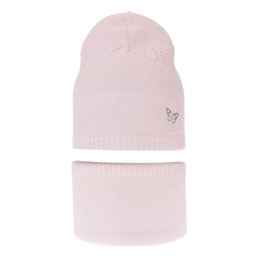 Czapka i komin dla dziewczynki jesienny, wiosenny komplet, z bawełną, jasnoróżowy, Amarilla