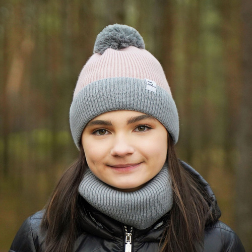 Czapka i komin dla dziewczynki zimowy komplet, różowy, z pomponem Rosalin