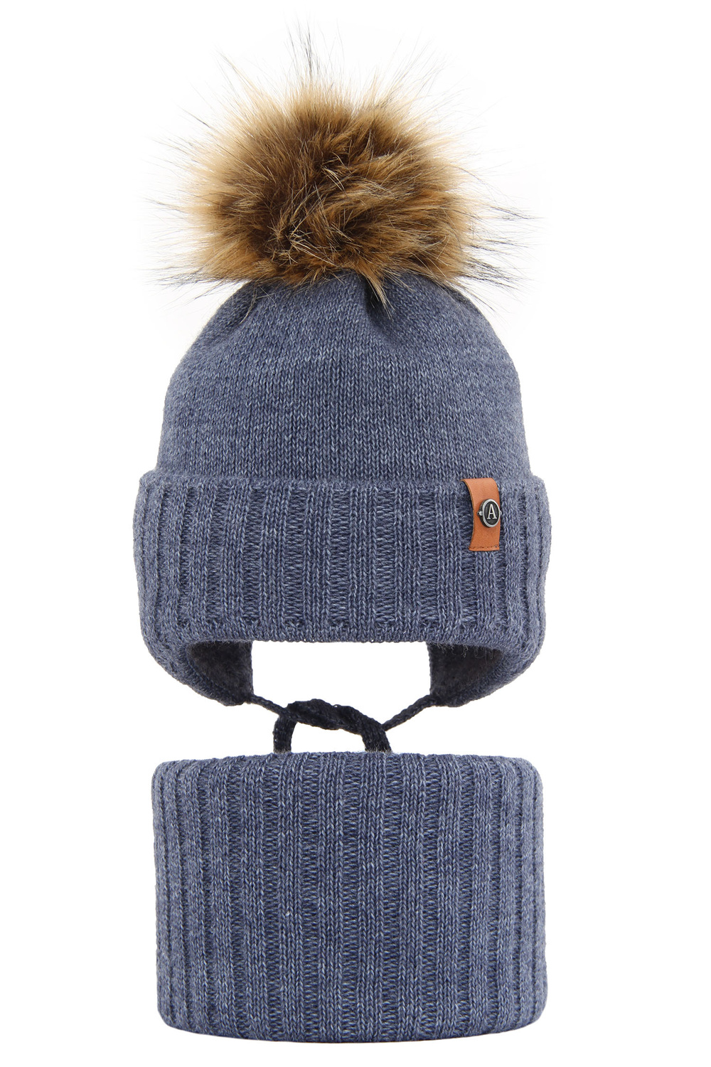 Czapka i komin dla chłopca zimowy komplet, jeansowy, wiązany Dominik