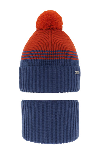 Czapka i komin dla chłopca zimowy komplet, niebieski, z pomponem Pallas