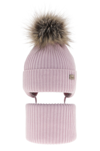 Czapka i komin dla dziewczynki zimowy komplet, liliowy, wiązany Bria