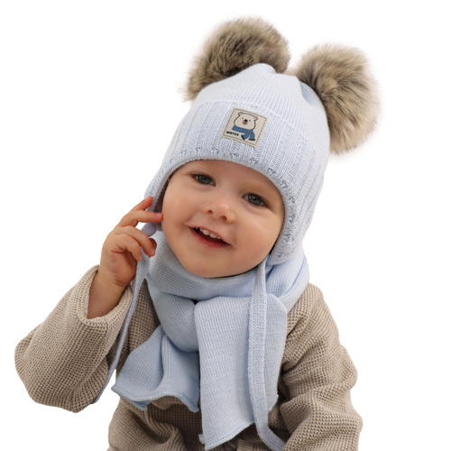Czapka i szalik dla chłopca zimowy komplet, beżowy, z dwoma pomponami Jewel