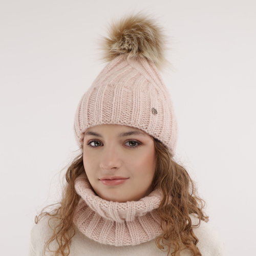Czapka i komin dla dziewczynki zimowy komplet, kremowy, z pomponem Polaris