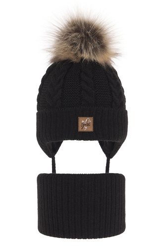 Czapka i komin dla dziewczynki zimowy komplet, czarny, z pomponem, wiązany Finess