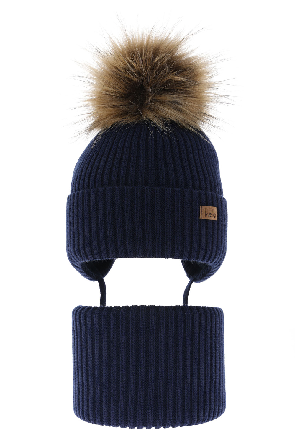 Czapka i komin dla chłopca zimowy komplet, granatowy, z pomponem Bergo