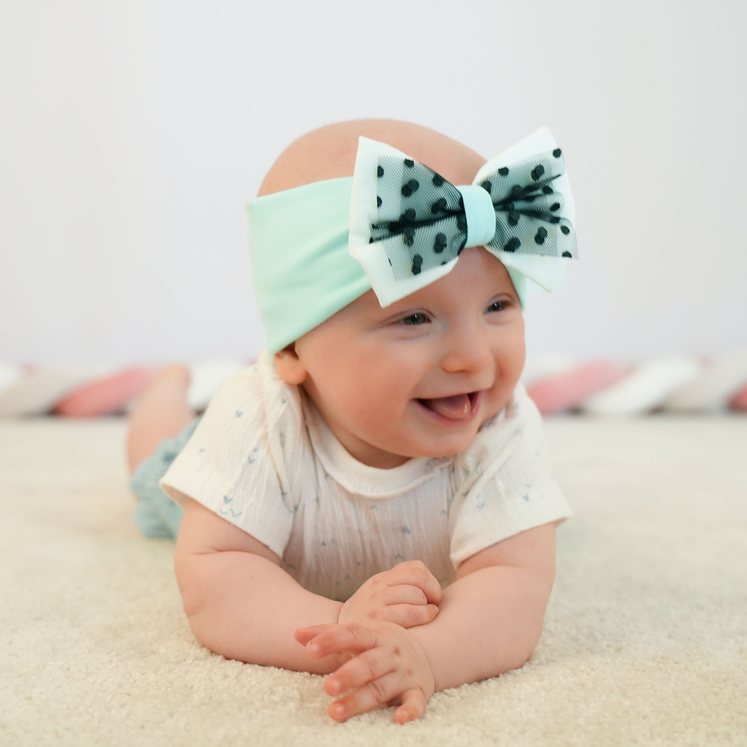 Opaska jesienna, wiosenna dla dziewczynki, miętowa, bawełniana, z kokardą Celinka