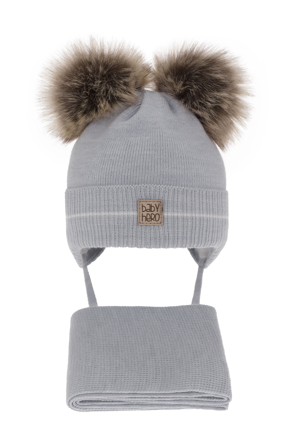 Czapka i szalik dla chłopca zimowy komplet, jasnoniebieski, z dwoma pomponami, wiązany Melon