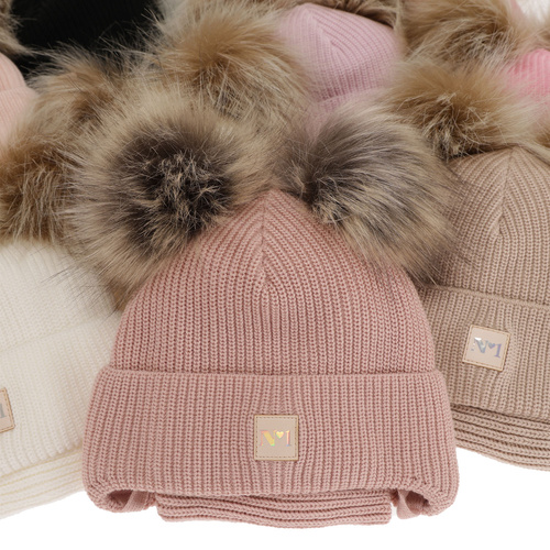 Czapka i komin dla dziewczynki zimowy komplet, biały, z dwoma pomponami, wiązany Kiara