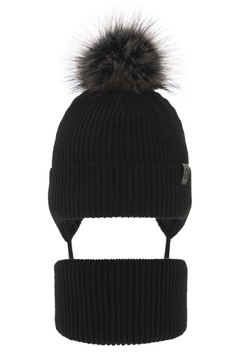 Czapka i komin dla chłopca zimowy komplet, czarny, z pomponem Honed